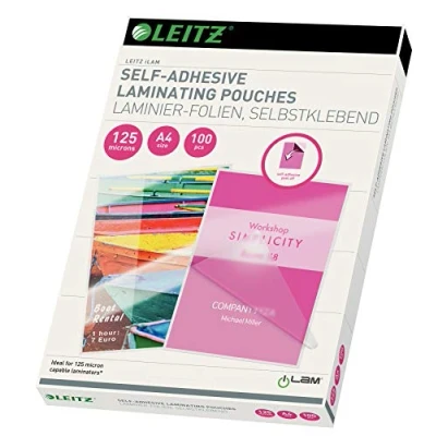 Abbildung von Leitz Selbstklebende Heißlaminierfolien A4 125 mic, für Schilder und Wegweiser, Hochwertige Laminierfolien im 100er Pack, Glänzend, Transparent, 16925