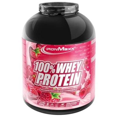 Abbildung von IronMaxx 100% Whey Protein Pulver Himbeere 2,35kg Dose zuckerreduziertes, wasserlösliches Eiweißpulver aus Molkenprotein viele verschiedene Geschmacksrichtungen