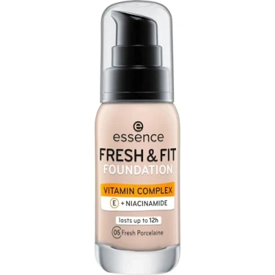 Abbildung von essence cosmetics fresh &amp; FIT FOUNDATION, Make Up, Nr. 05 porcelaine, nude, pflegend, glättend, mit Vitaminen, natürlich, vegan, ohne Parabene, Mikroplastik Partikel frei (30ml)