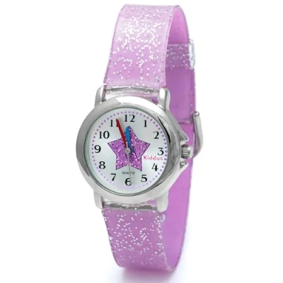 Abbildung von Kiddus Kinderuhren. Mädchen Armbanduhr. Mit Übungen zum Uhrzeit Lernen. Kinderuhren mädchen. Glitzer und Hochwertigem Japanischen Quarzwerk. Ab 4 Jahre alt.