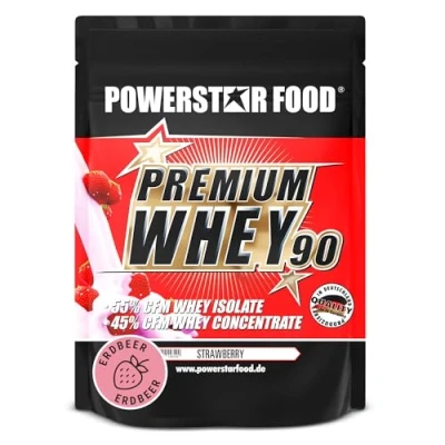 Abbildung von Powerstar PREMIUM Whey 90 90% Protein i.Tr. Pulver 850 g Made in Germany 55% CFM Isolat &amp; 45% Konzentrat Eiweiß mit nur 1% Kohlenhydrate Strawberry