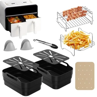 Abbildung von Ankway Ninja Heißluftfritteuse Zubehör, 2024 Neu AF500EU Dual Airfryer Accessories für Foodi FlexDrawer 10.4L, 10 PC 7 in 1 Released Liner &amp; Racks