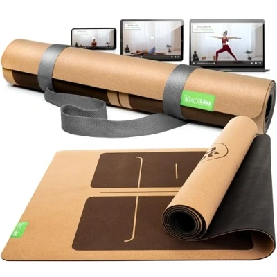 Abbildung von BACKLAXX ® Yogamatte Kork mit Naturkautschuk FAZ Testsieger 08/2024 Yoga Matte nachhaltig, schadstofffrei, rutschfest, Fitnessmatte Anti Rutsch Zonen inkl. Tragegurt, Turnmatte