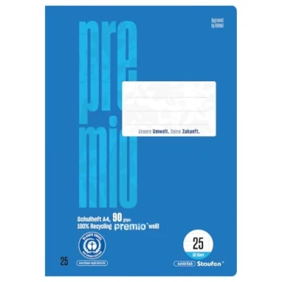 Abbildung von Staufen premio Schulheft 5 Hefte je 32 Blatt, DIN A4, Lineatur 25 (liniert mit Rand), 90 g/m² Recyclingpapier, runde Ecken verhindern „Eselsohren“