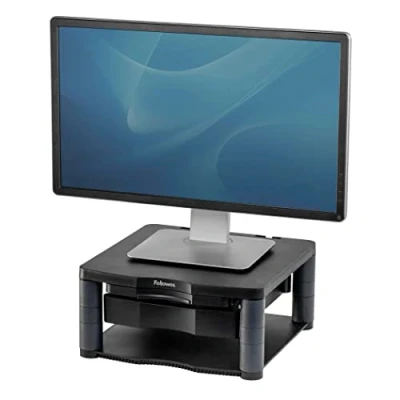 Abbildung von Fellowes Monitorständer Premium Plus, höhenverstellbar in 5 Stufen, ergonomisch, sehr stabil für Monitore bis 21 Zoll, mit Schublade und Sichtfeld Vorlagenhalter, schwarz