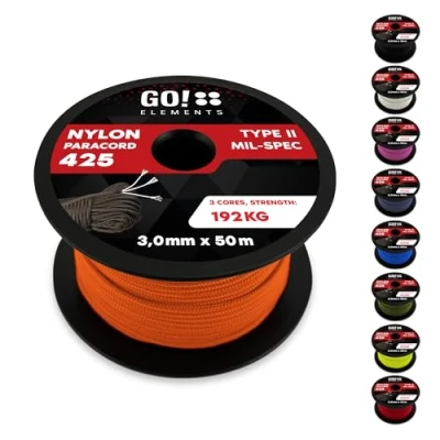 Abbildung von GO!elements 50m Paracord Seil aus reißfestem Nylon 3mm 425 Typ II max. 192kg Schnüre als Outdoor Seil, Allzweckseil, Survival Armband, Hundeleine, Nylonschnur, Farbe:Orange
