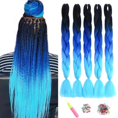 Abbildung von ShowJarlly Jumbo Braid Kunsthaar Haar, Ombre Extension, 24 Zoll Kanekalon Flechten Extensions 5 Stücke Für Crochet Twist Box Zum Einflechten Zöpfe Schwarz/Königsblau/Himmelblau#