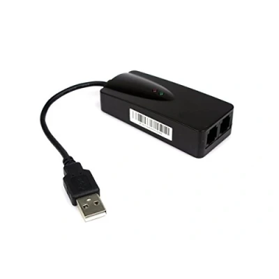Abbildung von KALEA INFORMATIQUE Faxadapter Modem 56K auf USB Port mit Zwei RJ11 Buchsen. CONEXANT Chipsatz