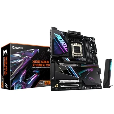 Abbildung von GIGABYTE X870E AORUS Xtreme AI TOP Mainboard Unterstützt AMD Ryzen 9000er Serie CPUs, 18+2+2 Phasen VRM, bis zu 8800 MHz DDR5 (OC), 1xPCIe 5.0 M.2 + 3xPCIe 4.0 M.2, WI FI 7, 10 GbE LAN, USB 4