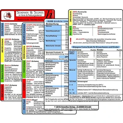 Abbildung von Schemata &amp; Scores in Klinik Rettungsdienst (2 Karten Set) SSSS Schema, ABCDE Basics IPAP SAMPLER(!)S, WASB, FAST, OPQRST, PECH Regel, DMS, 4Hs, HITS, GCS, KUSS, APGAR