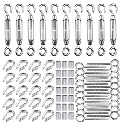 Abbildung von TooTaci 3mm Drahtseil Spanner Set,10 Stück M5 Seilspanner Spannschloss Edelstahl, 20 ösen schrauben,M3 Kauschen,40 M3 Crimpschlaufe,Drahtspanner Zaunspanner für Kabel &amp; Drahtseile