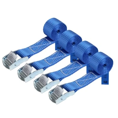 Abbildung von Zurrgurt Spanngurt Befestigungsgurt Klemmverschluss belastbar bis 250 kg DIN EN 12195 2 Befestigungsriemen blau verschiedene Längen Stückzahlen, 4er Pack 2.5 cm x 1 m