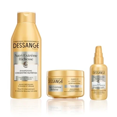 Abbildung von DESSANGE Nutri Extrême Richesse Set nährendes Shampoo + Haarmaske Elixier Konzentrat für Ernährung nährt intensiv &amp; verleiht Weichheit sehr trockenes Haar, Reflexion, dunkle Haare