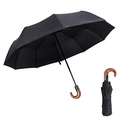 Abbildung von ThreeH Winddicht Reiseschirm 30% Übergröße Herren Business Regenschirm Automatisches Öffnen Schließen Kompakt Taschenschirm aus Holzimitat mit gebogenem Griff KS24B
