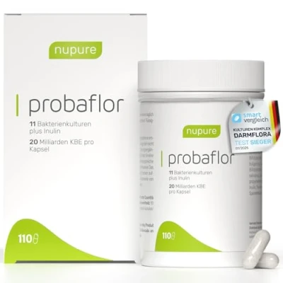 Abbildung von Nupure® Probaflor 110 Kapseln, Mit 20 Mrd KBE, 11 Spezielle Bakterienstämme, Inulin und Lactobacillus salivarius SP2, Besser geschützt dank Spezialdose, Vegan