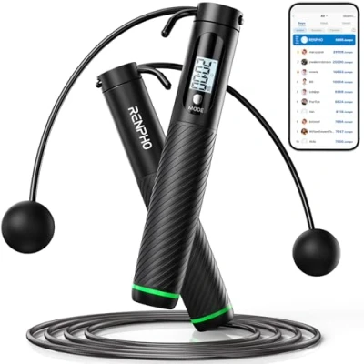 Abbildung von RENPHO Springseil mit Zähler, intelligentes gewichtetes für Training Fitnessübungen, verstellbares Sprungseil Anfänger und Profis, Jump Rope APP Datenanalyse, Kalorienverbrennung