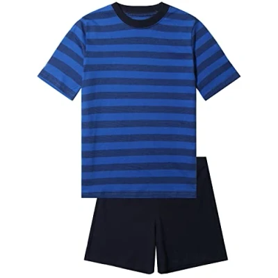 Abbildung von Jungen Schlafanzug kurz, weicher Single Jersey aus 100% Baumwolle und Hose in Bermuda Form gestreift, dunkelblau Melange Grösse 140
