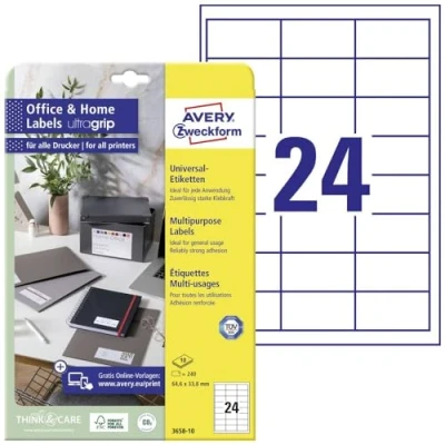 Abbildung von AVERY Zweckform 3658 10 Adressaufkleber (240 Klebeetiketten, 64,6x33,8 mm auf A4, bedruckbare Absenderetiketten, selbstklebende Adressetiketten mit ultragrip, ideal fürs HomeOffice) Blatt, weiß