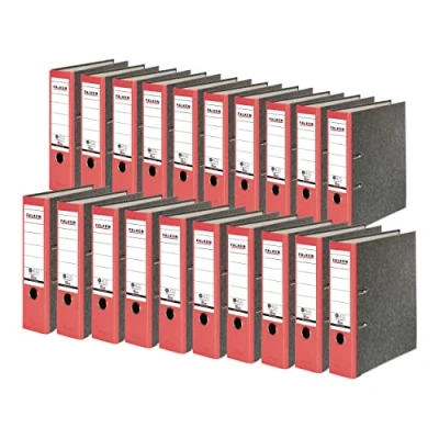 Abbildung von Original Falken 20er Pack Recycling Ordner Wolkenmarmor. Made in Germany. 8 cm breit DIN A4 roter Rücken Ringordner Aktenordner Briefordner Büroordner Pappordner CO2 Neutral Blauer Engel