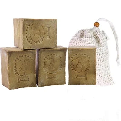 Abbildung von TUMELO Original Aleppo Seife 4 x 200g (800g) 95% Olivenöl 5% Lorbeeröl + Sisal Seifensäckchen, handgemachte Olivenölseife Naturseife