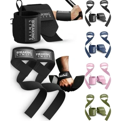 Abbildung von Handgelenk Bandagen Gym + Zughilfen Krafttraining (2er Set) Lifting Straps &amp; Wrist Wraps Zughilfe Griffhilfen für Bodybuilding Kraftsport Fitness Zubehör Frauen Herren