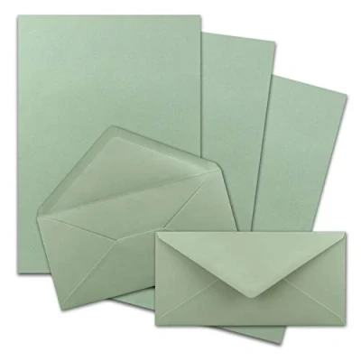 Abbildung von 25x Briefpapier Set DIN A4 mit Lang Briefumschlägen, Nassklebung Eukalyptus Grün mattes Schreibpapier Kuverts FarbenFroh by GUSTAV NEUSER