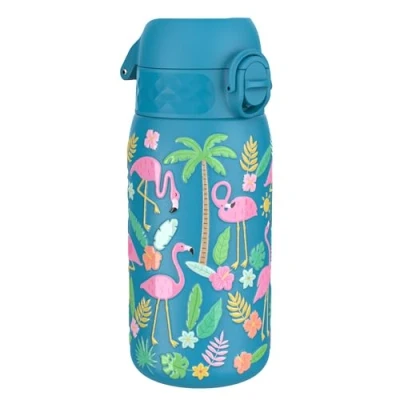 Abbildung von ION8 Kinder Trinkflasche, Edelstahl Leicht 400ml, Nicht Isoliert, Auslaufsicher, Einhandöffnung, Sichere Verriegelung, Spülmaschinenfest, Klappdeckel, Tragegriff, zu Reinigen, Flamingos,