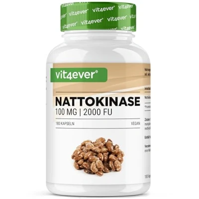 Abbildung von Nattokinase 180 Kapseln mit je 100 mg (20.000 FU/g) 6 Monatsvorrat Laborgeprüft Hochdosiert Vegan Aus GMO freien Soja Ohne unerwünschte Zusätze