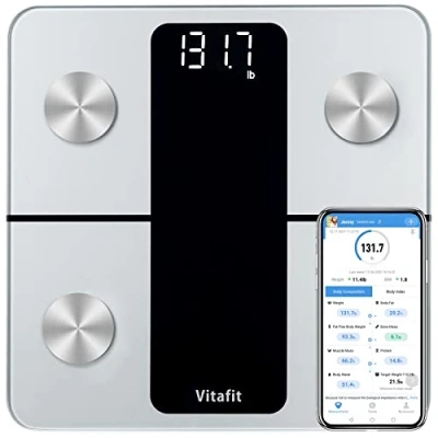Abbildung von Vitafit Körperfettwaage Personenwaage mit APP, Körperanalysewaage Bluetooth, Waage Personen körperfett und muskelmasse, BMI, Protein, BMR, Silber