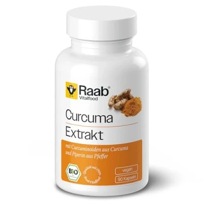 Abbildung von Raab Vitalfood Bio Curcuma Extrakt Kapseln, 90 Kapseln à 500 mg pro Packung, mit standardisiertem Curcuminoid Gehalt, Piperin und Pulver, vegan