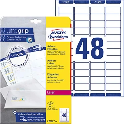 Abbildung von AVERY Zweckform L7636 25 Adressetiketten/Adressaufkleber (1.200 Etiketten mit ultragrip, 45,7x21,2mm auf A4, bedruckbar, selbstklebend, für Absenderetiketten, Papier matt) Blatt, weiß