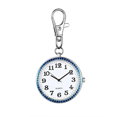 Abbildung von JewelryWe Karabiner Taschenuhr mit Gravur Quarz Analog Uhr Strass Quarzuhr Schlüsselanhänger für Ärzte Krankenschwestern Sanitäter Köche Gold Blau