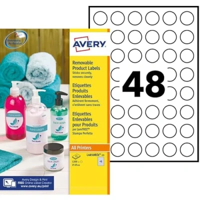 Abbildung von Avery Drucker Etiketten, rund, abnehmbar, 1200 weiße Etiketten 48 pro Blatt