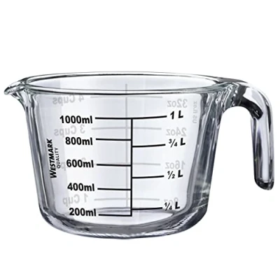 Abbildung von Westmark Messkanne, Füllvolumen: 1 l, Backofenfest, Mikrowellengeeignet, Gefrierschrankgeeignet, Borosilikatglas, Transparent/Schwarz, 30632260