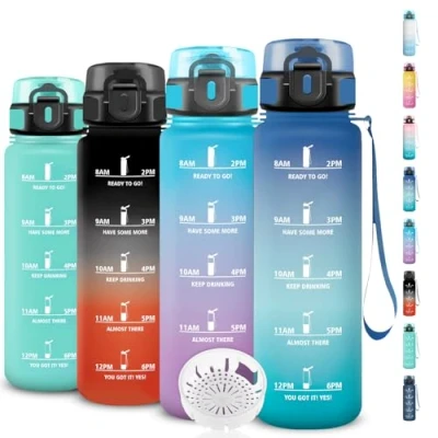 Abbildung von Trinkflasche 1l, Sport, Auslaufsicher, mit Zeitmarkierung, Kohlensäure Geeignet, Leicht zu Reinigen,Trinkflasche für Fitness, Schule, Büro, Reisen