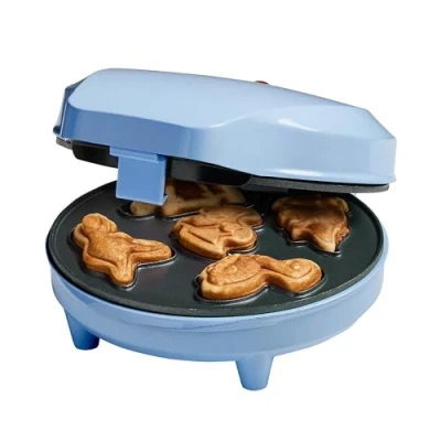 Abbildung von Bestron Waffeleisen für Mini Dino Cookie&#039;s, Cookie Maker in Dinosaurier Motiven, Waffel Kekse, mit Backampel &amp; Antihaftbeschichtung, 700 Watt, Farbe: Babyblau