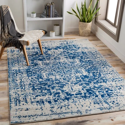 Abbildung von Surya Syracusa Vintage Teppich groß Wohnzimmer 120x170cm, Esszimmer, Schlafzimmer Orientalischer Boho Style Carpet Living Room, Bunter Muster, Blau und Beige