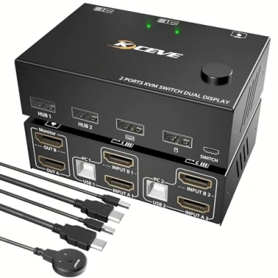 Abbildung von KVM Umschalter 2 Monitore Computer, Dual Monitor HDMI USB 2.0 Switch 4K @ 30Hz, Maus Tastatur Switcher für Laptop, PC, PS4, Xbox, Kann Mit Externe Schaltertaste