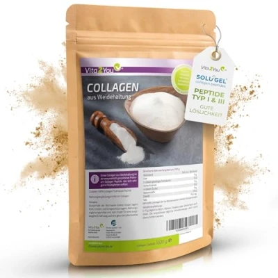 Abbildung von Vita2You Collagen Pulver 1000g 100% Bioaktives Kollagen Solugel® aus Weidehaltung Hydrolysat Peptide Typ 1 und 3 Eiweiss 1kg Premium Qualität