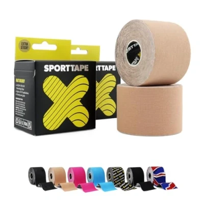 Abbildung von 2 Rollen SPORTTAPE Extra Klebriges Kinesiologie Tape, 5 cm x m Beige Hypoallergenes, Wasserfestes Sports Tape Physio Medizinisches Sport bei Muskelverletzungen, Unterstützung