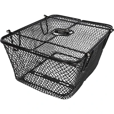 Abbildung von Fischer Fahrradkorb Plus Safe engmaschig, abschließbarer Deckel zum Schutz vor Diebstahl, mit integriertem Zahlenschluss, Metall schwarz Tragkraft bis zu 10 kg