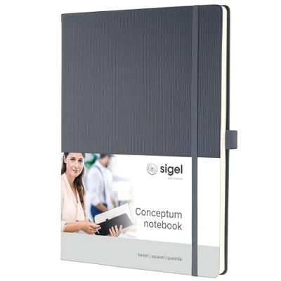 Abbildung von SIGEL CO648 Premium Notizbuch kariert, A4, Hardcover, grau, aus nachhaltigem Papier Conceptum mit Seitenzahlen, Inhaltsverzeichnis, Stiftschlaufe, Falttasche