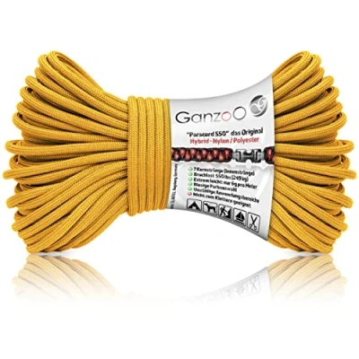 Abbildung von Ganzoo Paracord 550 Seil / 4mm Nylon/Polyester/Typ Hybrid/Armband Hunde Leine/Hunde Halsband 250Kg. Bruchlast/Outdoor Rope/Camping Schnur/Allzweckseil 30 Meter/Gold Gelb