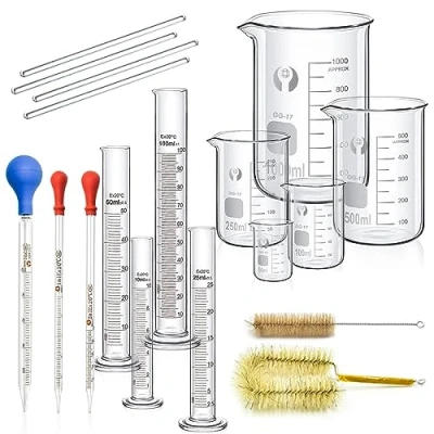 Abbildung von Becherglas Zylinder Pipetten Set, JESSTOLO 5 Stück Dickglas Graduierten Becherglas, 4 Glasmesszylinder mit 3 Glas Messpipetten Pipetten, Rührstab und 2 Waschbürste