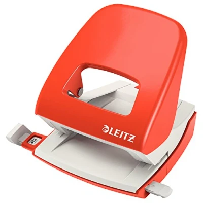 Abbildung von Leitz Büro Locher aus Metall, Für 30 Blatt, Anschlagschiene mit Formatangaben, Ergonomisches Design, hellrot, 50080020