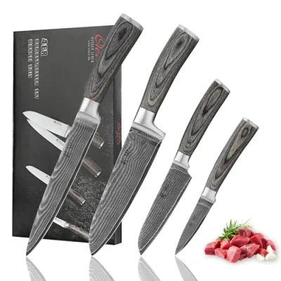 Abbildung von Wakoli Edis 4er Profi Damastmesser Set I 8 bis 18 cm Klingen gefertigt aus 67 Lagen Damaststahl mit Griffen Pakkaholz Scharfes Küchenmesser und edles Kochmesser