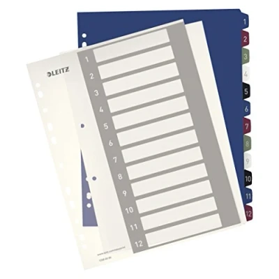 Abbildung von Leitz Register für A4, PC beschriftbares Deckblatt und 12 Trennblätter, Taben mit Zahlenaufdruck 1 12, Überbreite, Weiß/Mehrfarbig, PP, Style, 12380000