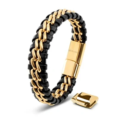 Abbildung von SERASAR Lederarmband für Männer 23cm Gold Herren Armband Leder Armreif Lederband Herrenarmreif Armschmuck Schmuck Herrenschmuck Armkette Flecht Wickelarmband Kette