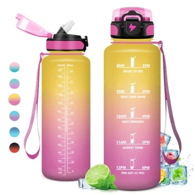 Abbildung von Trinkflasche 1.5 Liter, Große Sport mit Strohhalm, Wasserflasche Auslaufsicher, Kohlensäure Geeignet, Sportflasche für Erwachsener, Uni, Gym, Outdoor