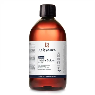 Abbildung von Naissance Jojobaöl Gold BIO (Nr. 233) 450ml Kaltgepresst Gesichtsöl für Haare, Wimpern Haut, Körperöl Massage und Kosmetik
